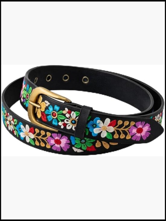 PU Leather Embroidered Floral Belt for Women Western Boho Fashion